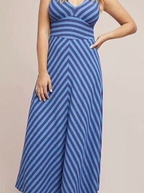 Anthropologie Maeve Blue Striped V-Neck Maxi Dress